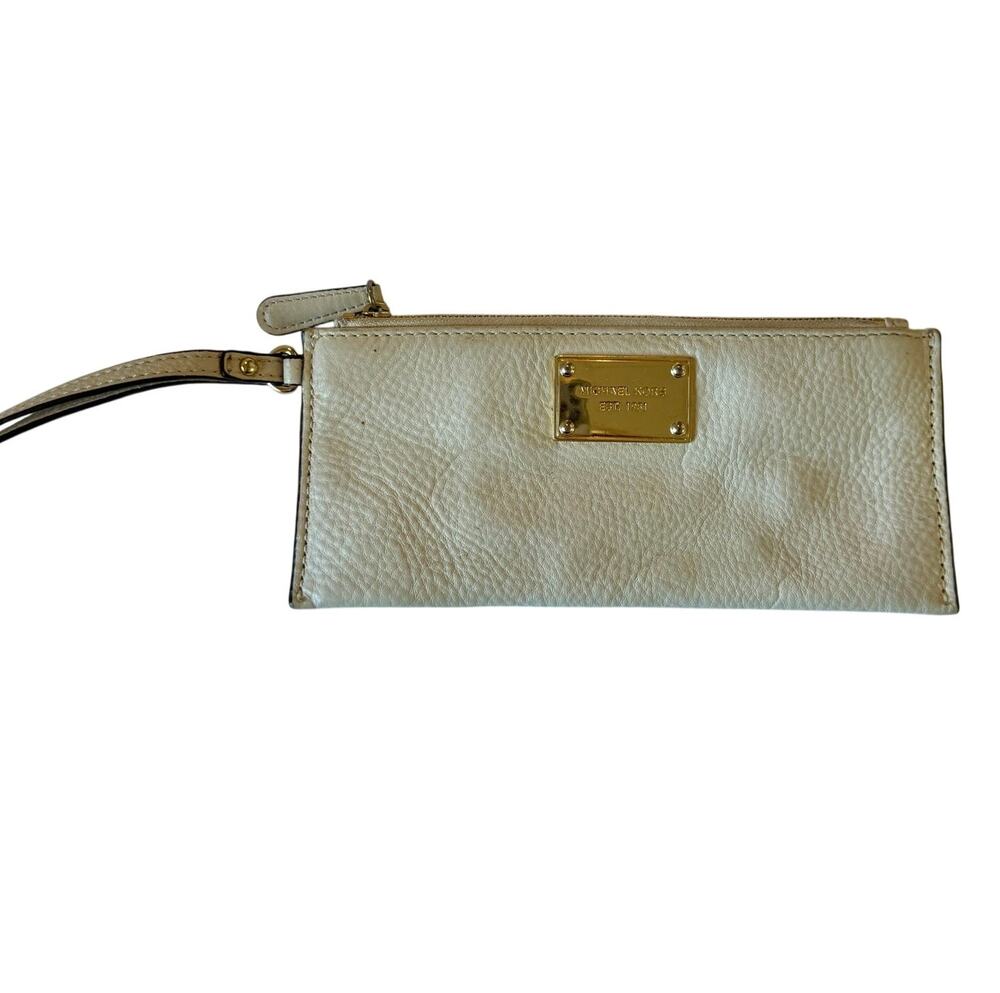 Michael Kors Ivory Pebbled Leather Zip Wristlet Wallet with Wrist Strap